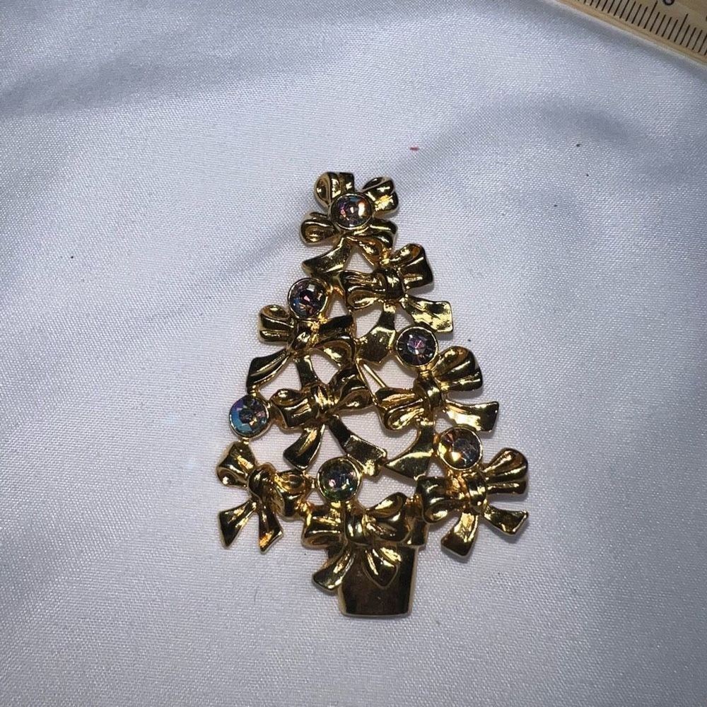 Avon Vintage 1990s Christmas Tree Brooch Gold with Blue AB Rhinestone Accents Au